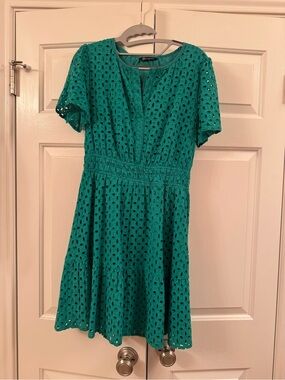 Short Sleeve Fit-and-Flare Dress, emerald green